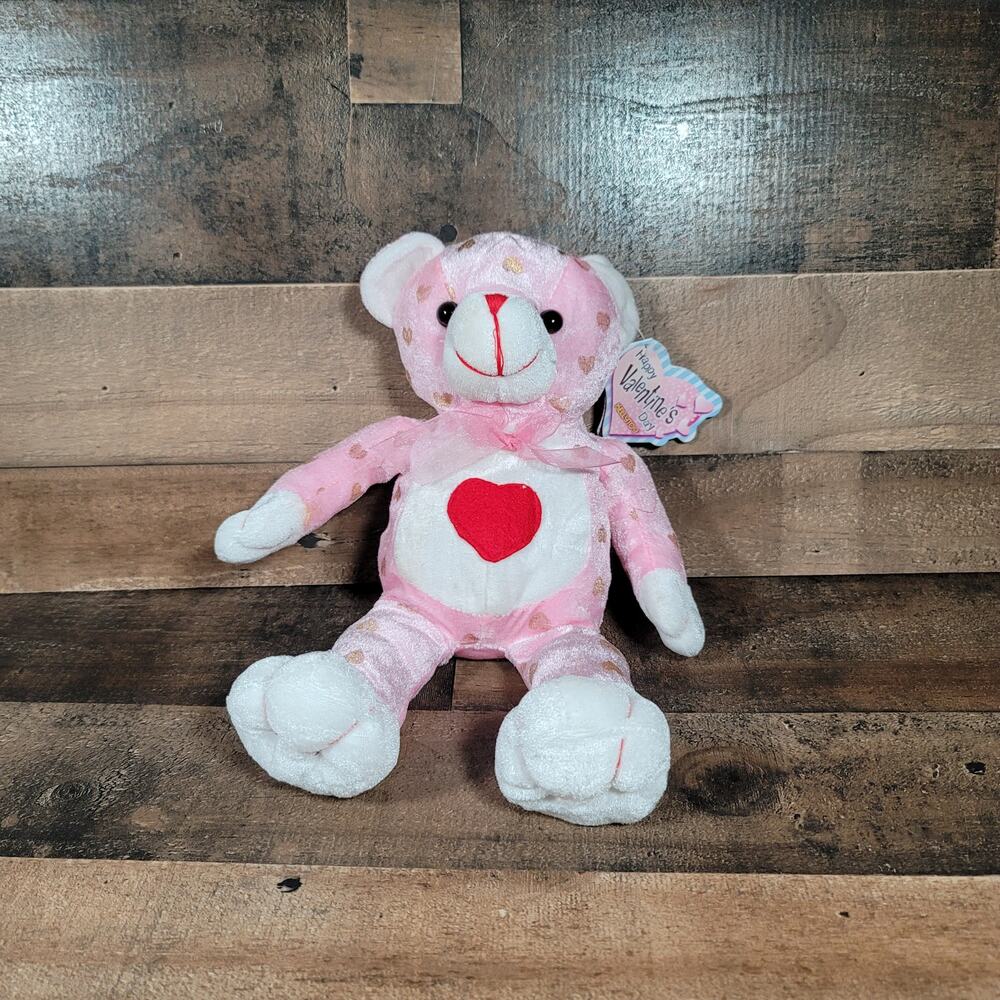 Vintage 2003 Kellytoy Valentine Pink Bear with Hearts all over New With Tags